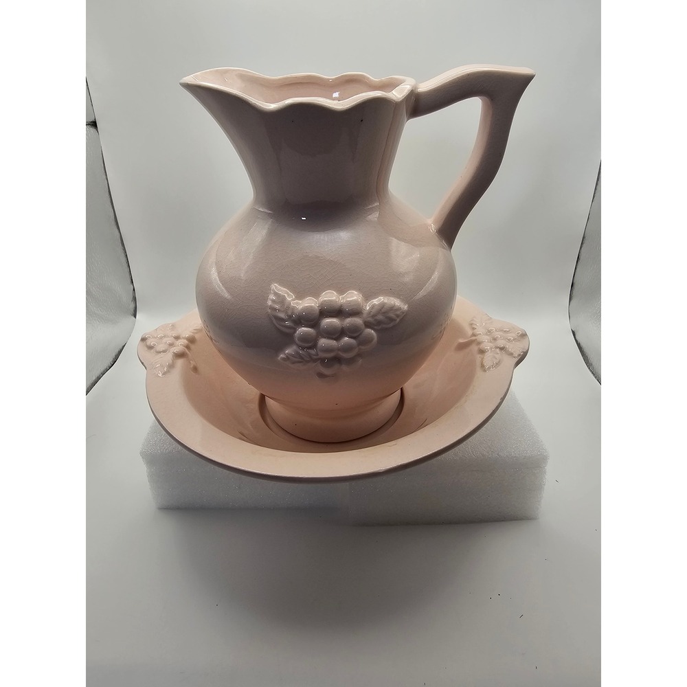 Vintage Pink Ceramic Pitcher and Basin Set Embossed Grapes Made in Japan